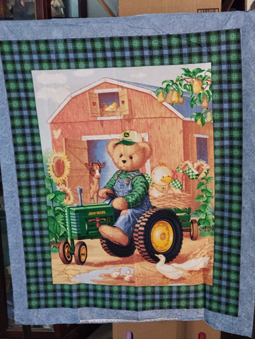 John Deere Green and Yellow Teddy Bear Tractor Cotton Fabric Panel